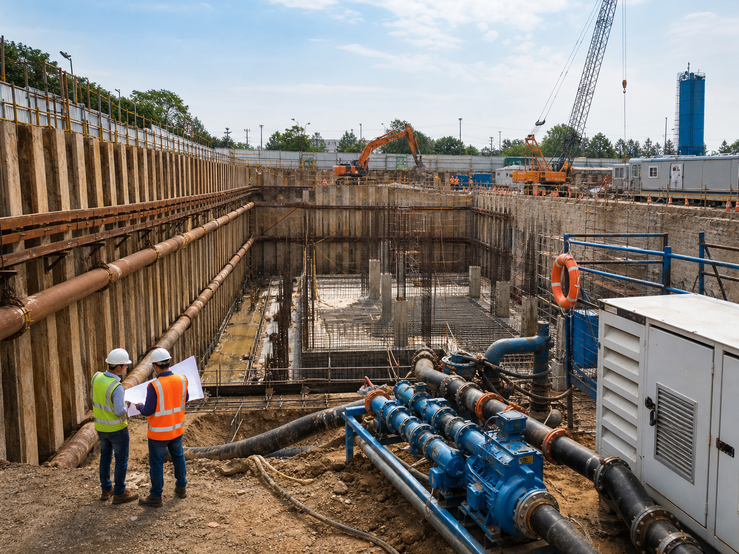 Infrastructure foundation project with dewatering pumps and civil engineers