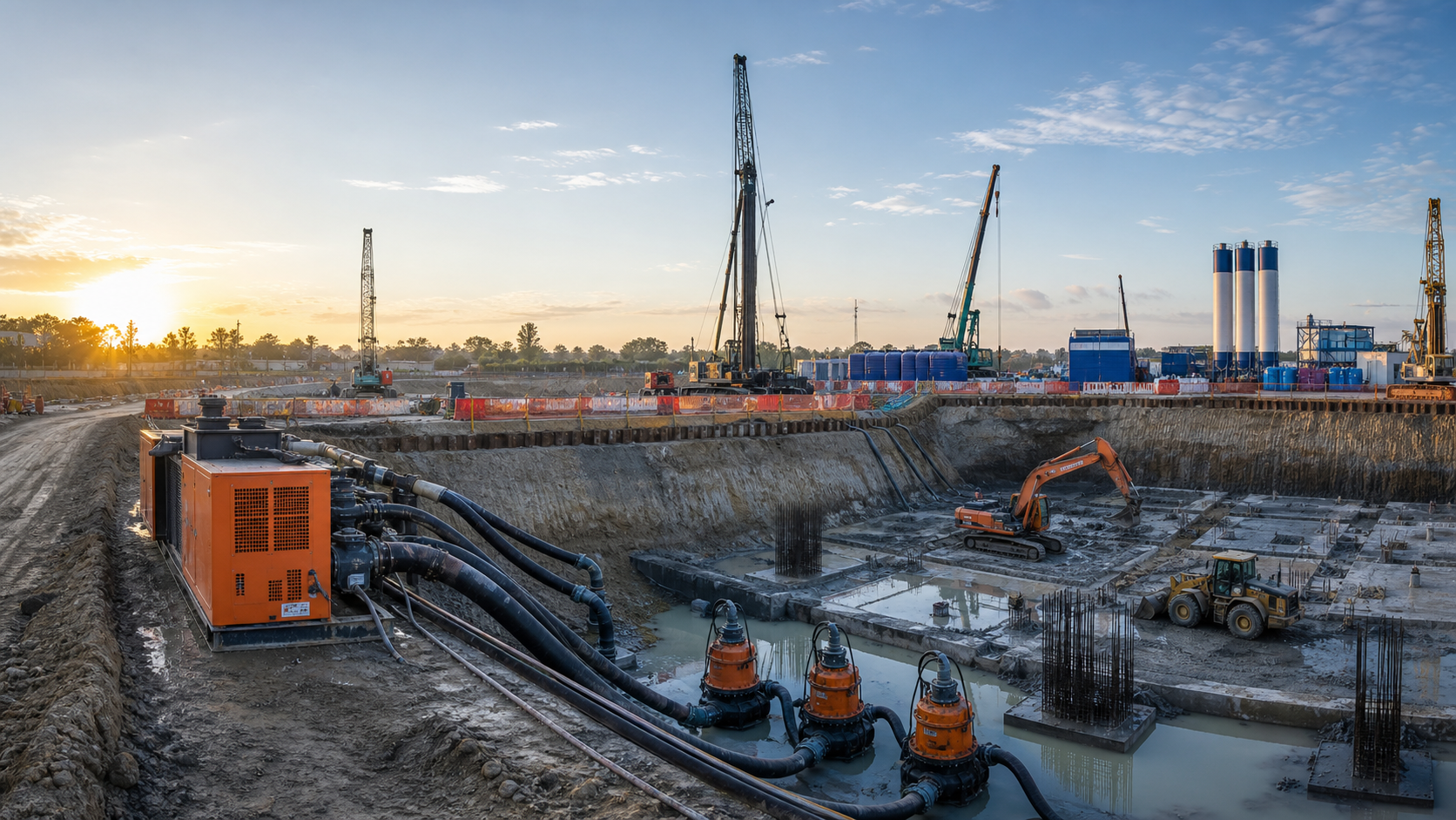 Large infrastructure construction site with dewatering systems and machinery