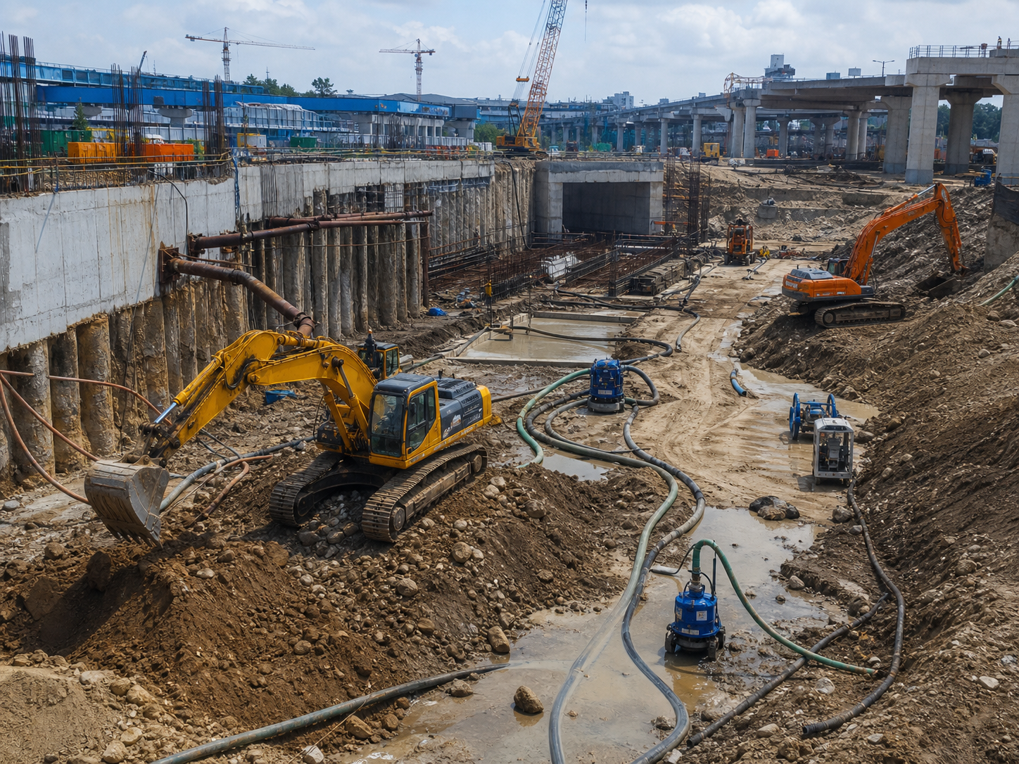 Earthwork and excavation support project with machinery